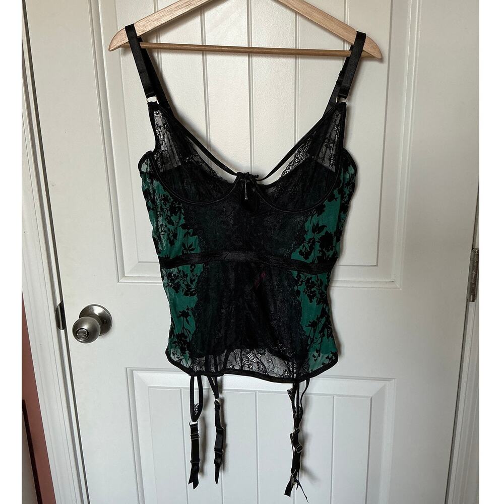 Seven 'til Midnight Floral Lace and Velvet Bustier 3X/4X Black/Green